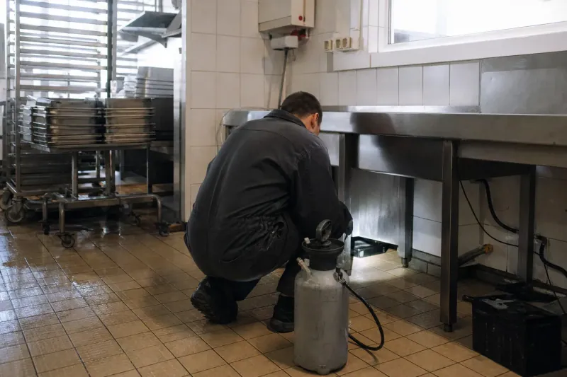 Contrôle anti-nuisibles sous un plan de travail inox dans une cuisine centrale collective, après le service