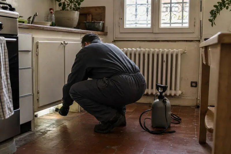 Technicien anti-nuisibles inspectant à la lampe le bas d'un placard de cuisine dans un appartement ancien de Toulouse